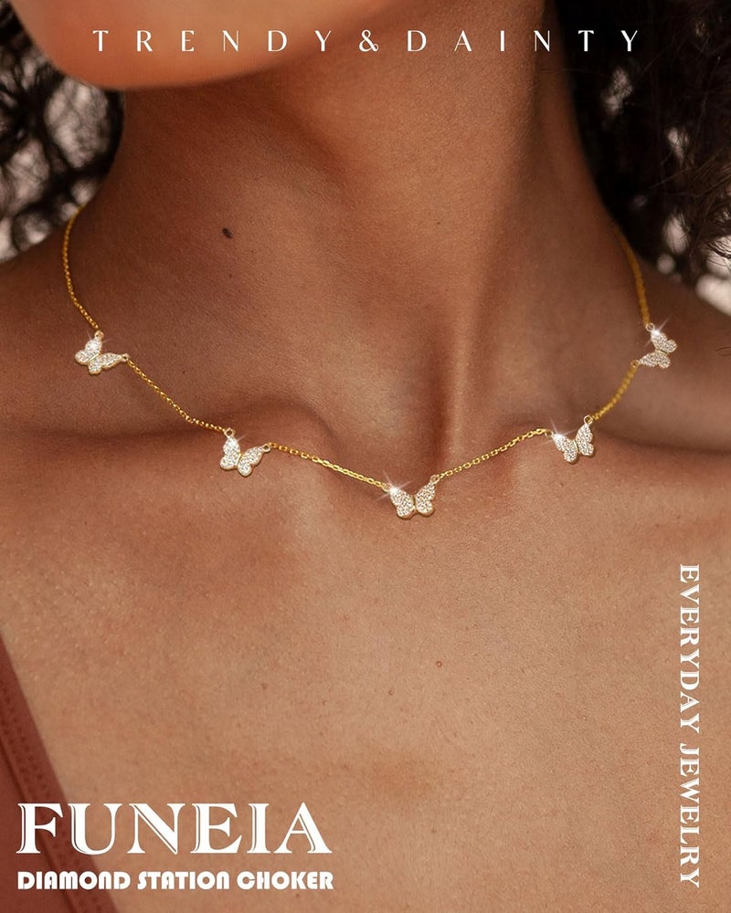 FUNEIA Dainty Silver Gold Necklaces for Women Trendy Non Tarnish 14K Gold Plated Cubic Zirconia Necklace Layered Cute Butterfly Heart Station Choker Necklace Stack for Wedding Prom Brides Jewelry - Image 2